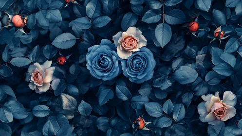 Botanical Chromatic Inversion: Blue Foliage with Cream-Coral Roses.