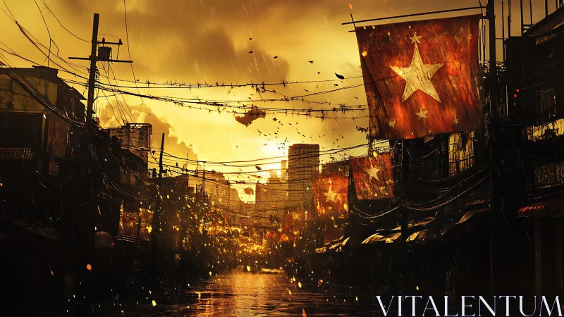 Dystopian rain-soaked alley with star banners and skyline glow.