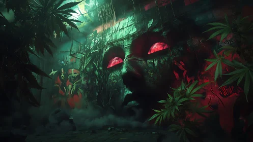 Overgrown stone face mural with red eyes in dense foliage.