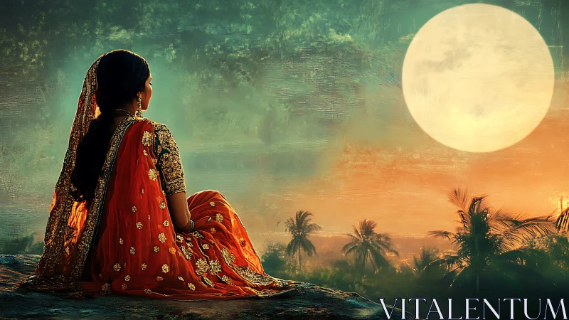 Moonlit woman in ornate sari overlooking tropical horizon.