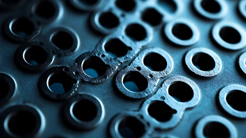 Macro view of perforated metal plate with circular cutouts.