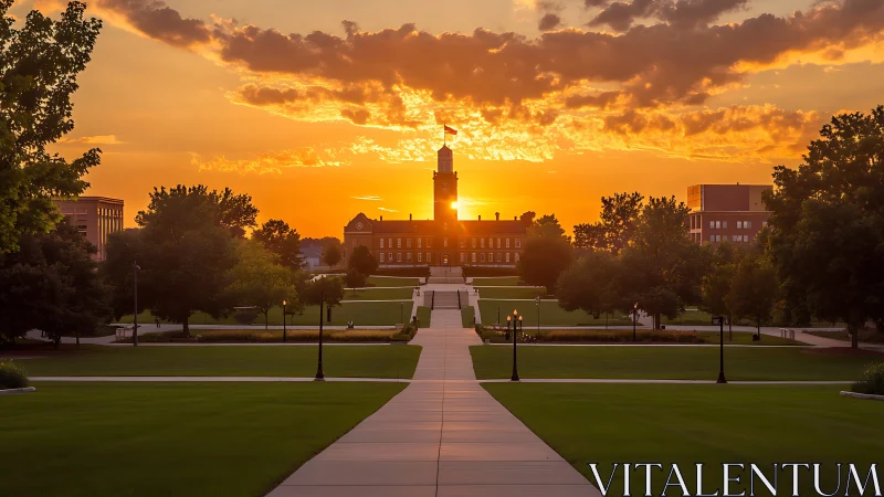 Golden campus quad glows beneath a dramatic sunset sky.