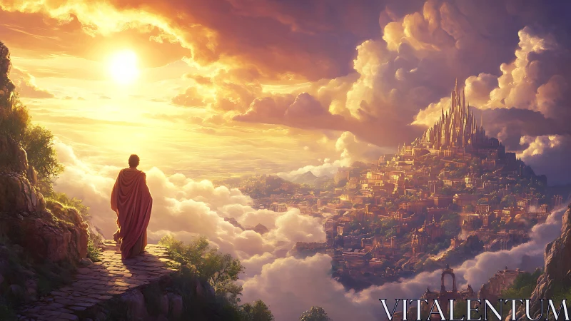 Epic fantasy vista with robed figure and cloud city composition.