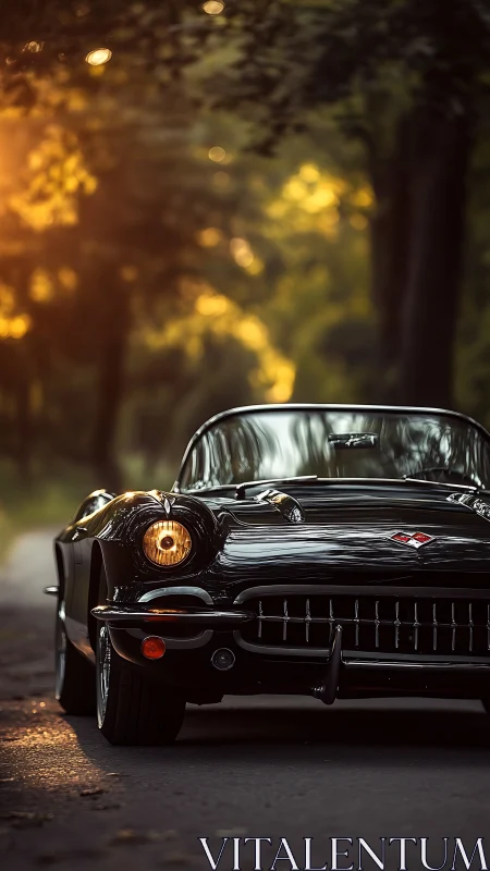 Black vintage convertible on tree-lined road at sunset.