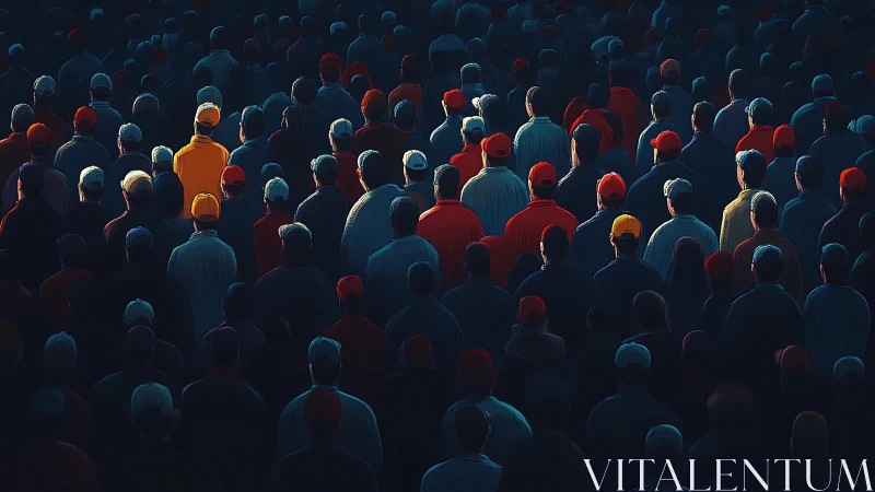 Solitary figure in yellow rises from a shadowed urban crowd