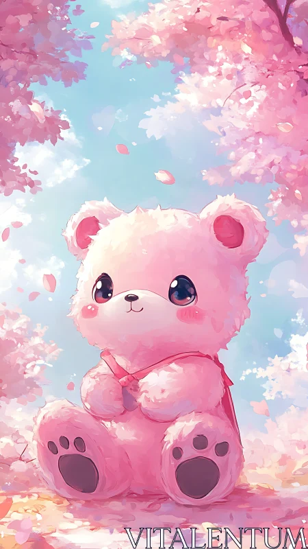 Soft pink plush bear under cherry blossoms in pastel sky scene