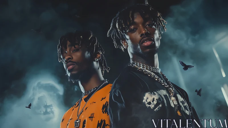 Cinematic dual portrait in atmospheric low key lighting design.