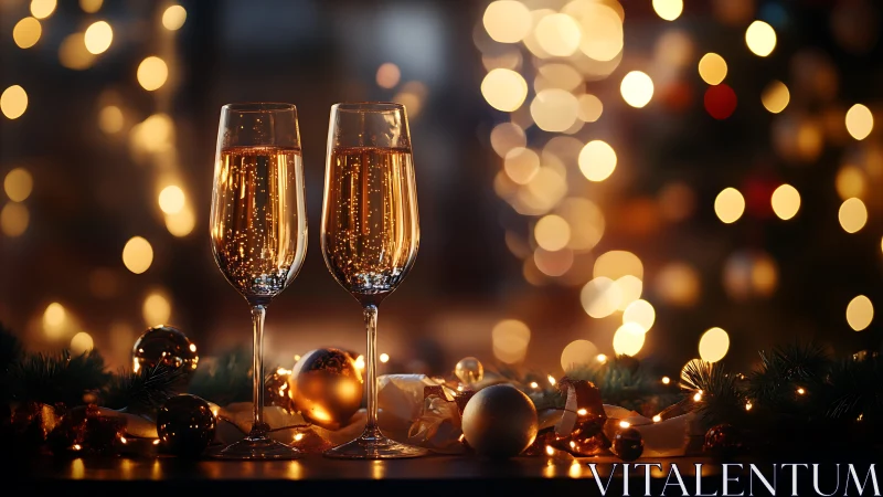 Champagne twins bask in golden holiday bokeh glow.
