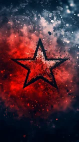 Explosive red star emblem amid dark cosmic splatter.