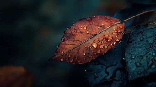 Macro autumn leaf with raindrops on dark bokeh ground.