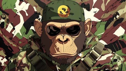 Military chimp portrait in bold camouflage anime style.