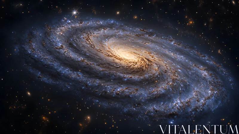 Spiral galaxy rendered with bright core and star clusters