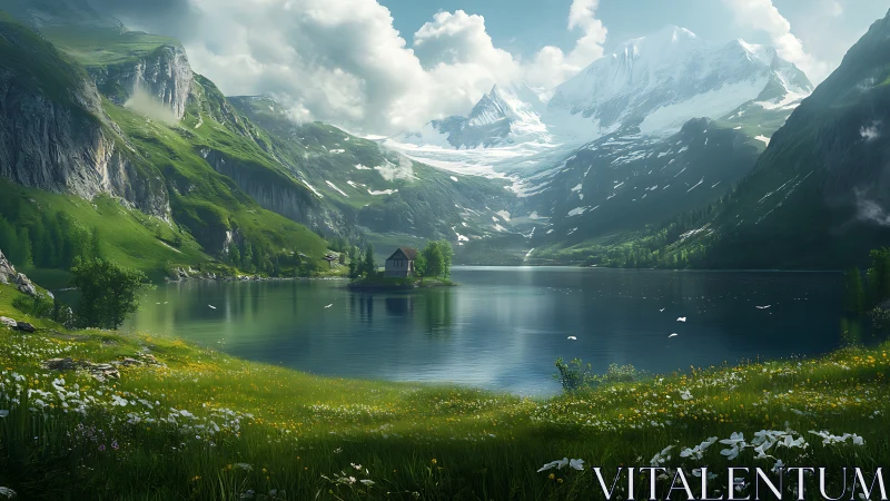 Quiet lakeside cabin cradled by bright alpine mountains.