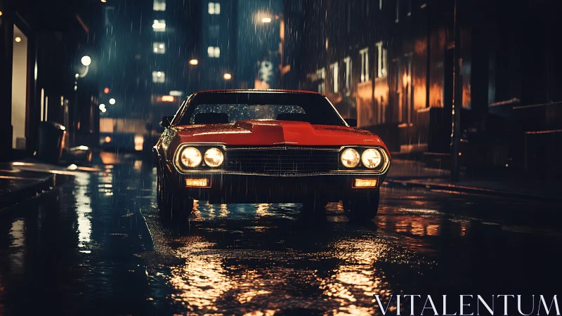 Midnight muscle car prowls neon rain-slicked city streets
