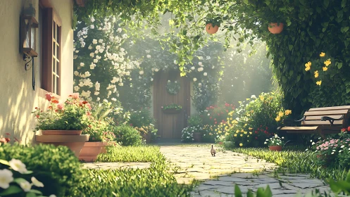 Sunlit cottage garden path frames wooden gate in bloom