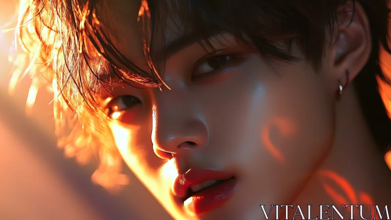 Close digital portrait in warm cinematic backlight.