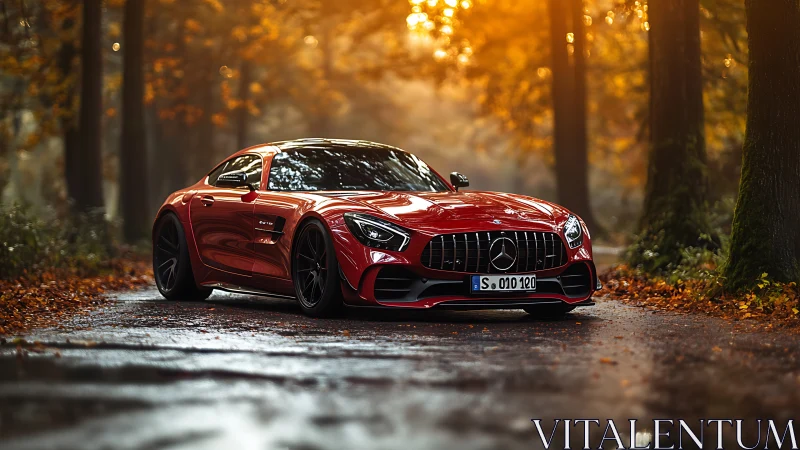 Red Mercedes-Benz sports coupe on wet forest road at dusk.