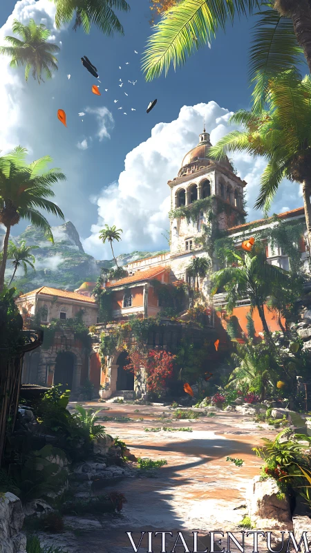 Tropical Hacienda with Church Tower and Flying Kites