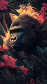 Majestic gorilla rests amid luminous jungle blooms.