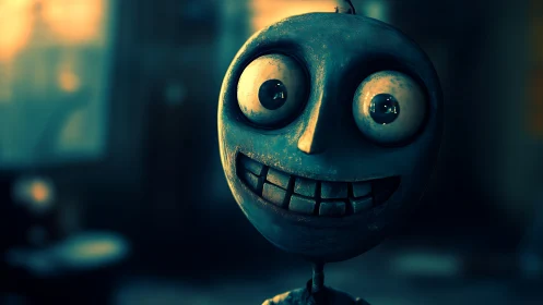 Wide eyed metallic homunculus under cinematic teal lighting.