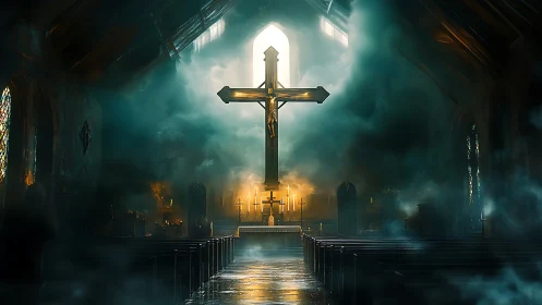 Soft light and rising mist around a glowing church cross.