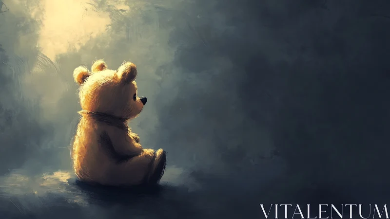 Stuffed teddy bear sits alone in soft directional light