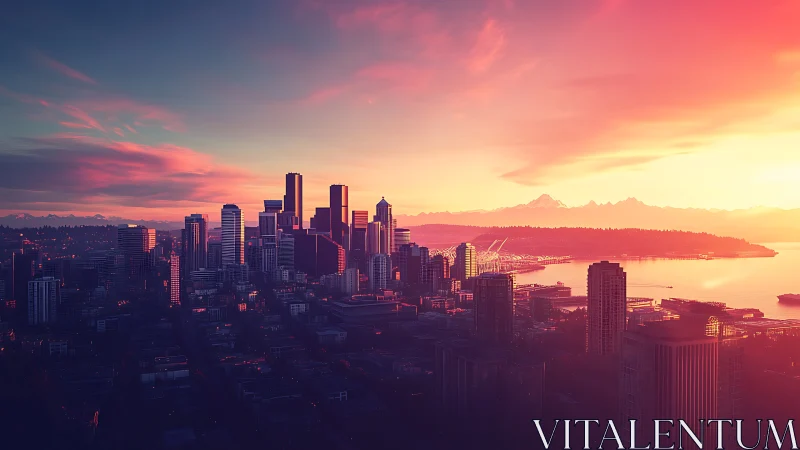 Neon-lit coastal skyline under vivid sunset gradients.