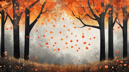 Forest landscape with falling autumn leaves and silhouetted trees