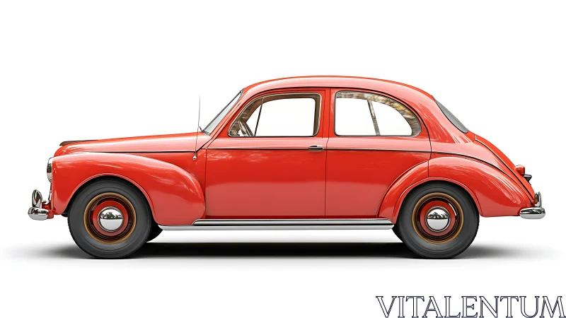 Side profile of red vintage four-door compact car.