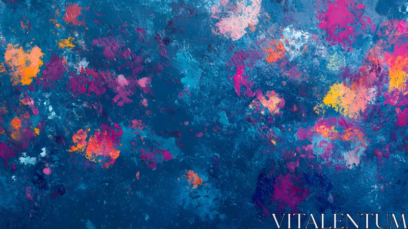 Abstract Colorful Paint Splatter on Blue Canvas, Modern Art Style.