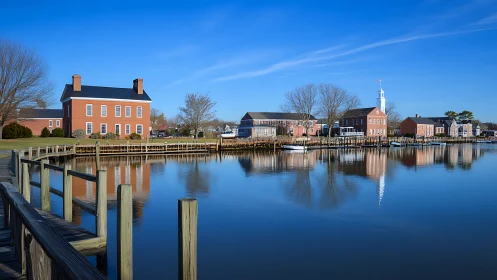 Waterfront Colonial Architecture with Mirror Lake Reflection.