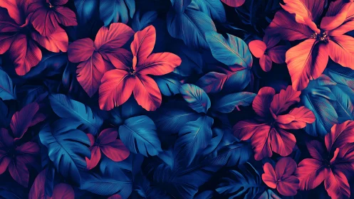 Neon red hibiscus flowers over deep blue tropical leaves.