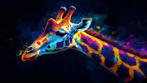 Neon night giraffe drifting through electric jungle dreams.