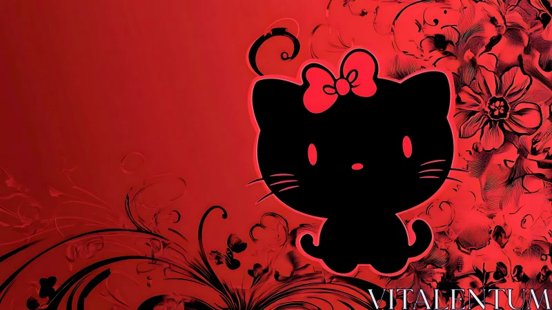 Silhouetted Feline Character Profile on Monochromatic Red Botanical Composite Background
