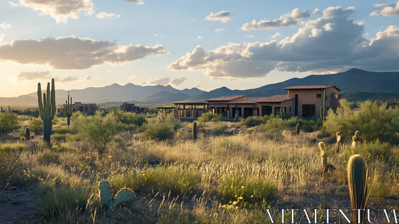 Sunlit desert homes resting gently beneath soft mountains.