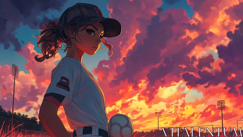 Girl baseball player stands on field under vivid sunset sky