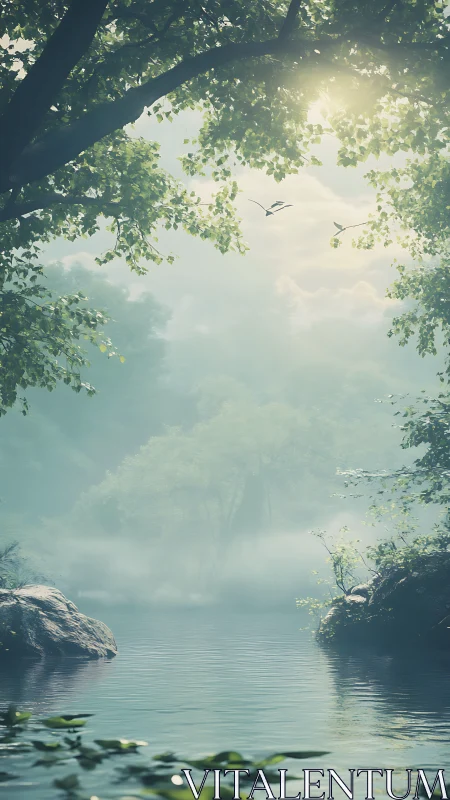 Misty River Valley Beneath Forest Canopy.