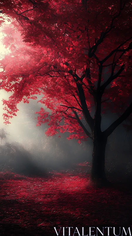 Red maple tree stands in misty forest light at dawn