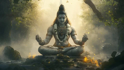 Monumental stone yogic deity in misty forest sanctum, meditating