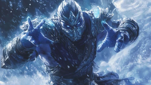 Armored ice warrior in blue-toned frozen environment.