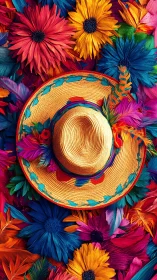 Straw hat rests among vivid multicolored flowers and feathers