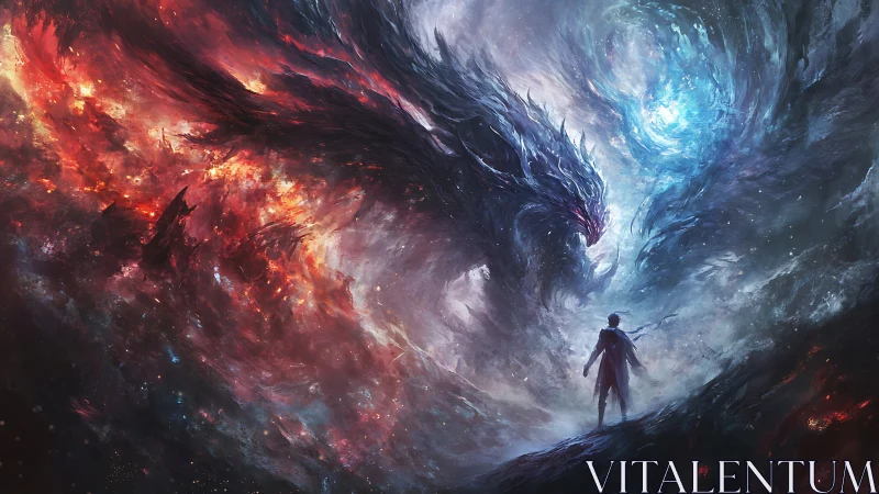 Lone figure confronts vast cosmic dragon in swirling void.