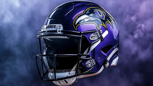 Midnight purple gridiron helm glowing in stormy mist.