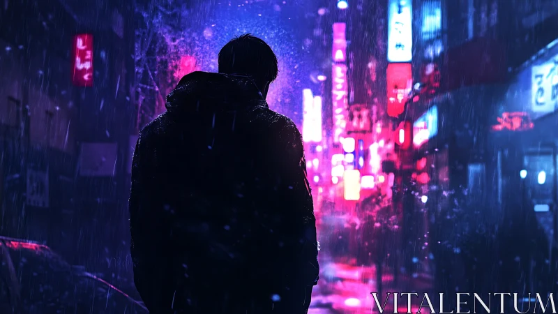 Lone figure walks neon street under heavy night rain