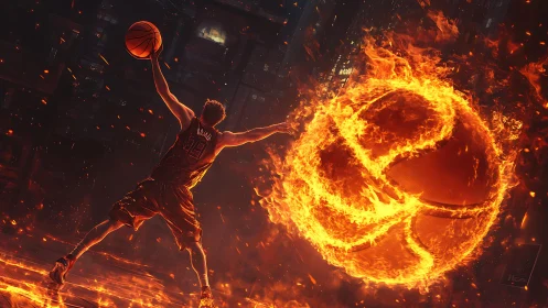 Digital basketball inferno with player driving toward flaming ball.