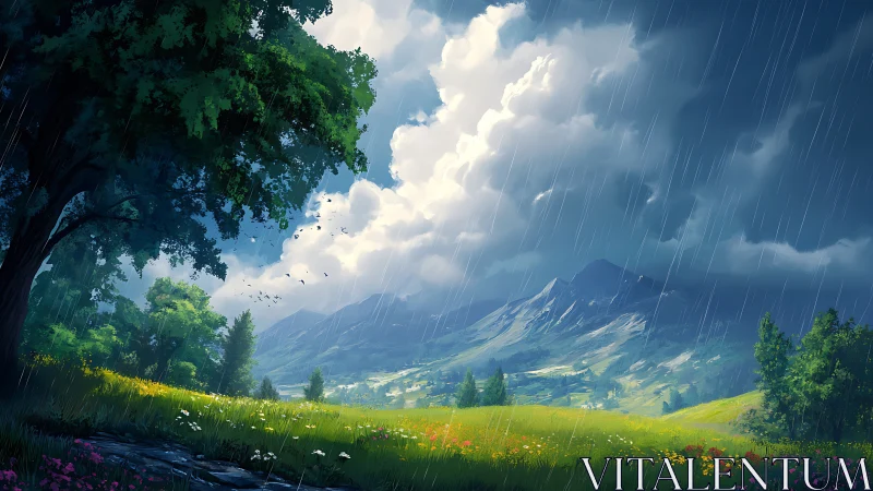 Mountain meadow rainfall under dramatic cumulus sky.
