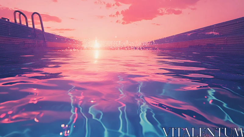 Swimming pool surface with sunset light and vivid colors.