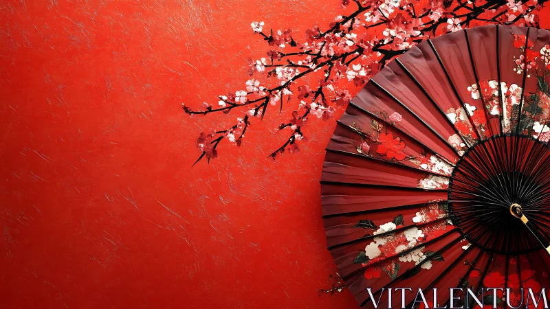 Red paper fan rests beneath painted cherry blossoms.