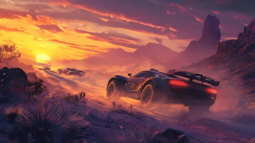 Futuristic rally car speeds through dusty canyon at sunset