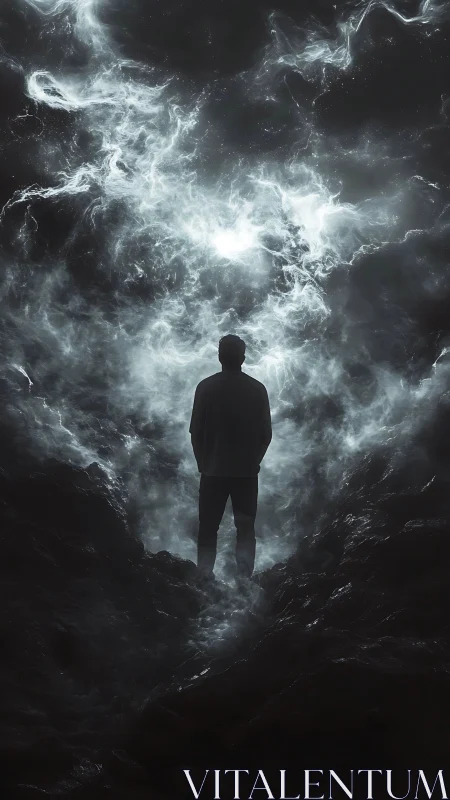 Quiet silhouette wandering through a storm of cosmic light.
